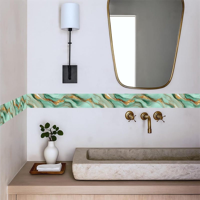 IOHEFY Teal Marble Wallpaper Border 196x4 Inch Gold Edge Peel and Stick Wall Border Removable Marble Wall Trim Vinyl Self Adhesive Wallpaper for Bathroom Kitchen Bedroom Decor - Image 3